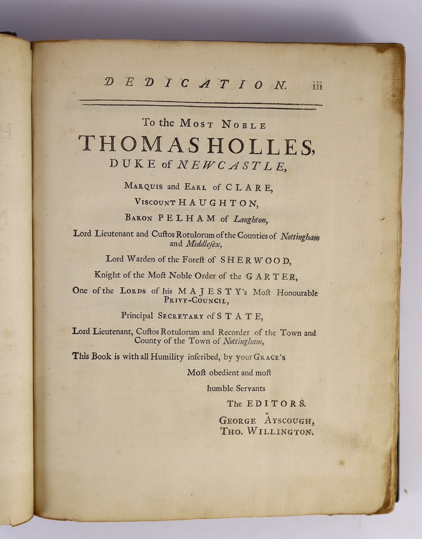 NOTTINGHAM - Deering, Charles - Nottinghamia Vetus et Nova or an Historical Account of ....the Town of Nottingham.....large folded plan and 24 plates (some folded), 3 folded tables; rebound 20th cent. half calf and marbl